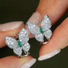 14k Gold 1.06 Ctw Natural Emerald & Diamond & Butterfly Earrings