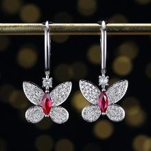 14k Gold 0.81 Ctw Natural Ruby & Diamond & Butterfly Earrings