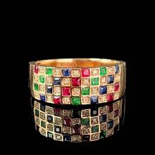 14k Gold 1.56 Ctw Vivid Red Natural Ruby & Sapphire & Emerald & Diamond Ring