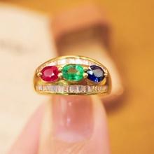 14k Gold 1.29 Ctw Vivid Green Natural Emerald & Ruby & Sapphire & Diamond Ring