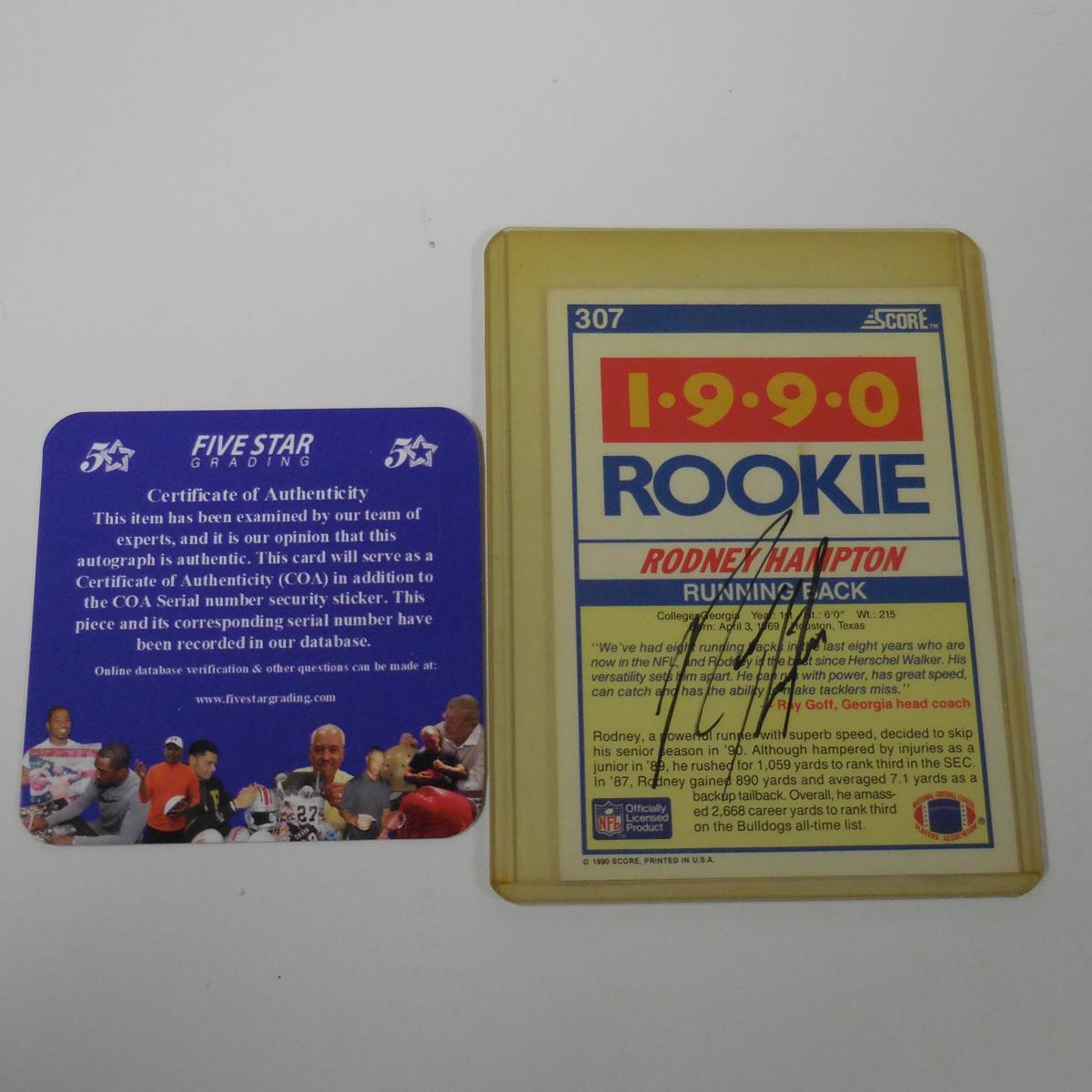 AUTHENTIC 1990 SCORE RODNEY HAMPTON AUTOGRAPHED ROOKIE CARD SIGNED ON BACK COA