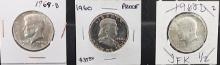 (2) 1968-D Kennedy and (1) 1960 Proof Franklin Half Dollar