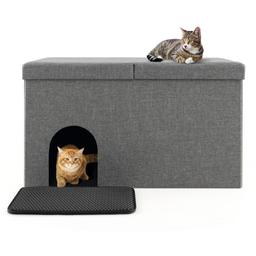 Cat Litter Box Enclosure Hidden Furniture w/ Urine Proof Litter Mat-Gray