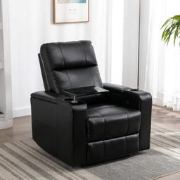 Ryun 33.1'' Wide Contemporary, Breathable Leather Power Recliner with Arm Table - Black Leather