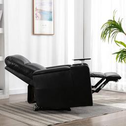Ryun 33.1'' Wide Contemporary, Breathable Leather Power Recliner with Arm Table - Black Leather