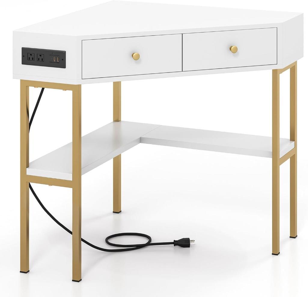 IFANNY Corner Desk with Power Outlet - White