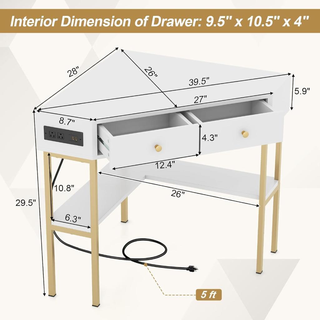 IFANNY Corner Desk with Power Outlet - White
