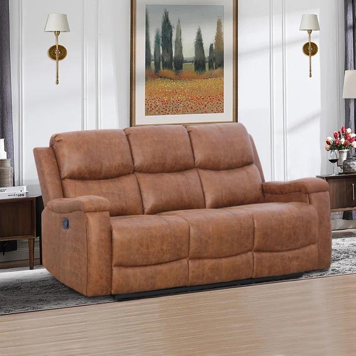 Ilkeston 79" Wide Cognac Leather Manual Reclining Sofa, 3-Seater Recliner Couch with Cup Holders
