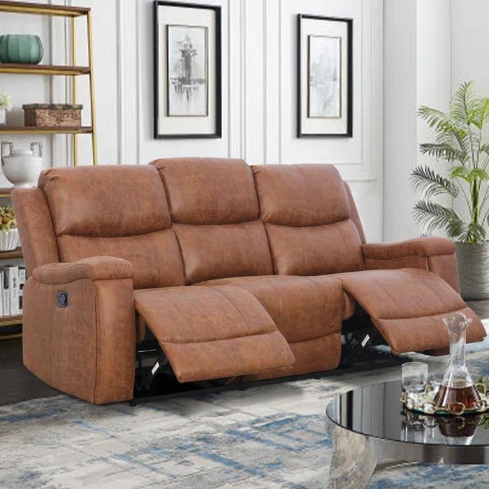 Ilkeston 79" Wide Cognac Leather Manual Reclining Sofa, 3-Seater Recliner Couch with Cup Holders