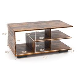 Modern Rectangular Coffee Table w/ L-shaped Middle Shelf - brown