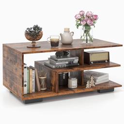 Modern Rectangular Coffee Table w/ L-shaped Middle Shelf - brown