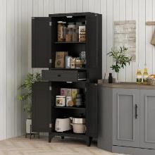 67" 4-Door Kitchen Pantry with Drawer and Adjustable Shelves - Black
