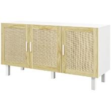 Buffet Cabinet with 3 Rattan Doors and Adjustable Shelves - White & Natural