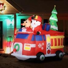 Santa Claus and Reindeer with Fire Truck, Blow-Up LED Yard Christmas Decor