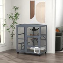 Indoor Cat Enclosure on Wheels with Openable Top, Gray
