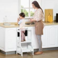 Kids Kitchen Step Stool, 2 in 1 Kitchen Table Set with Chalkboard - White