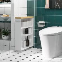 Slim Bathroom Cabinet with Castor Wheels Storage Organizer and Wood Shelves - White