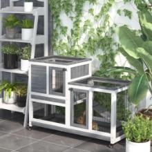Small Animal Habitat with Enclosed Run with Wheels - Grey