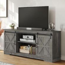 Farmhouse TV Stand for 65/60/55 Inch TVs, Entertainment Center w Sliding Barn Door - Rustic Grey