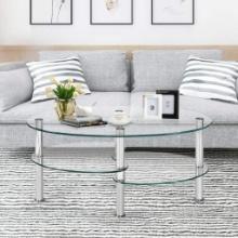 FANTASK Tempered Glass Coffee Table Oval 3-Tier Steel Tea Table