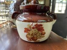Vintage McCoy Pottery Brown Drip Glaze Cookie Jar with Fruit Motif