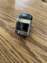 Geneva Square-Face Watch with Black Leather Band