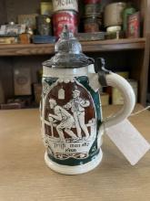 German Beer Stein with Pewter Lid - Bowling Scene