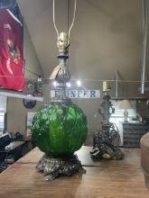 Vintage Green Glass Lamp with Ornate Base