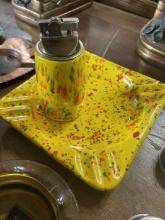 Speckled Yellow Ashtray and Lighter Set