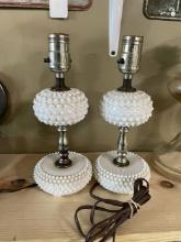Pair of Vintage Hobnail Milk Glass Electric Table Lamps