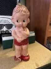 Vintage Ceramic Child Figurine with Red Shorts and Shoes