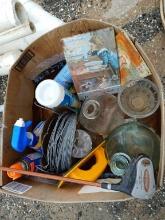 Box lot 2 small metal pics, golf club, jars, clean