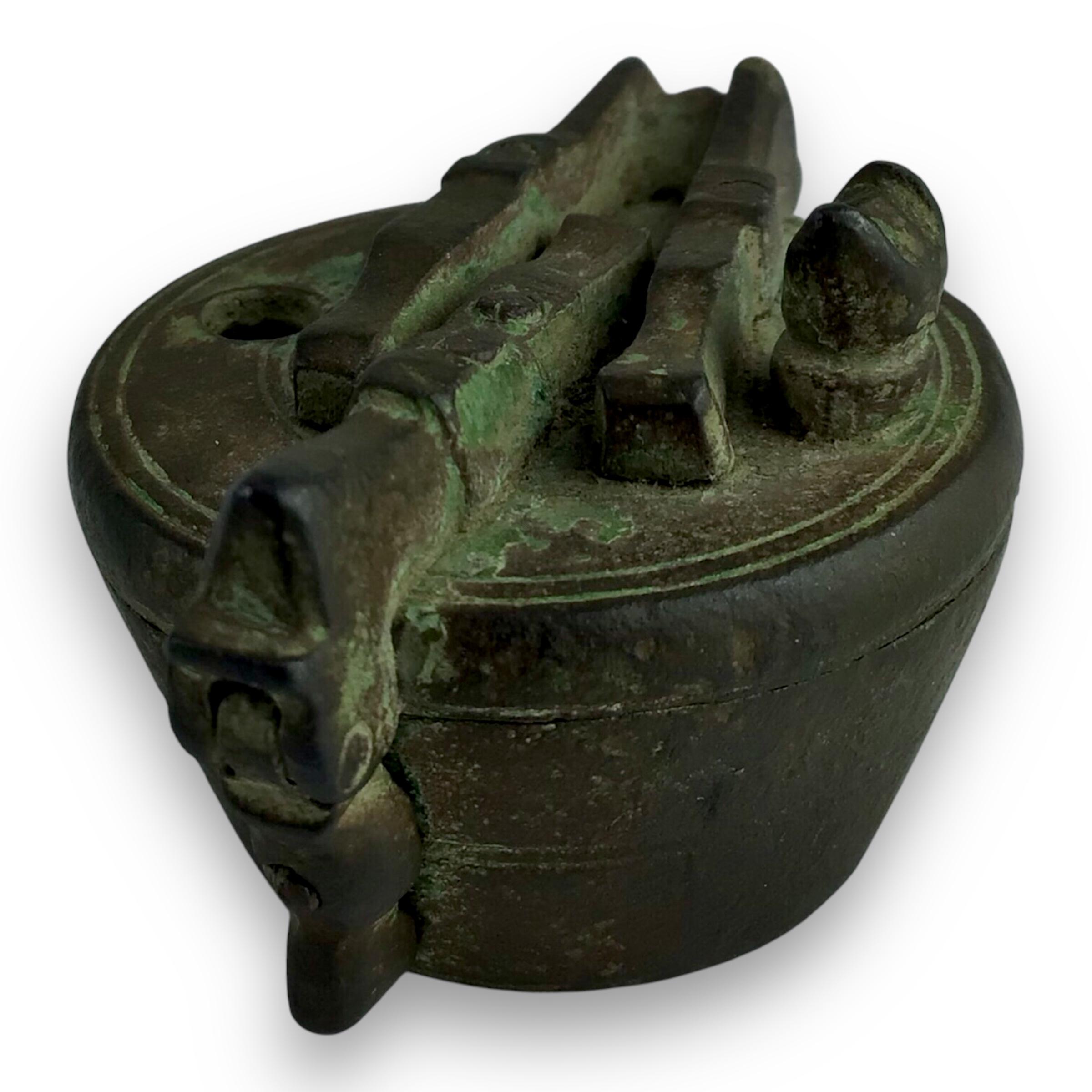 Unusual 17th Century Bronze Barrel-Shaped Locked Weight Container
