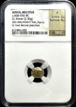 Early Electrum Lion Coin from Ionia (Miletus) â€“ Rare Hecte, Fine Grade 3x4