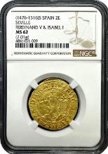Spanish 2 Escudo Gold Coin (1476â€“1516) â€“ Seville Mint, Graded MS-62