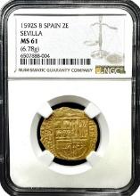 1592 Spanish Gold 2 Escudo â€“ Seville Mint, NGC Graded MS-61