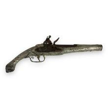 French or English Silvered Flintlock Pistol late 17th to early 19th Century