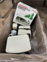 Pelousze Model Y10 Feb 1991 10lb Mail Scale. Opened Box Of Honeywell Earplugs. Handheld Tape Disp...