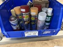 Blue Stackable Plastic Bin With Multiple Cans Of Spray Paint