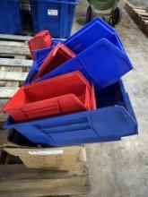 Various Size Stackable Plastic Bins. Blue And Red