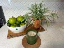 Misc Decor- Bowl Of Apples & Limes, Animal Vase With Artificial Plant, Board, Candle