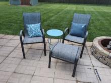 Two Outdoor Armchairs, Two Throw Pillows,(1) Side Table, (1) Ottoman