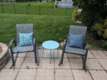Two Outdoor Armchairs, Two Throw Pillows,(1) Side Table
