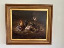 Signed Borofsky Farmyard Oil Painting Rooster & Hens In Barn Scene