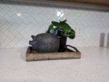 Home Decor Decorative Pig, Artificial Plant, Wood Tray