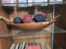 Large wooden bowl, salad paddle and fork, and yarn decor