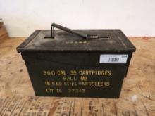 Military Ammo Can - "360 CAL 30 CARTRIDGES BALL M2 IN 5RD CLIPS BANDOLEERS LOT SL 37343"