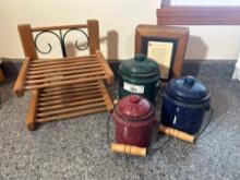 Set of 3 Enamelware Canisters with Rack & Wood Box