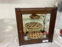 Miniature Display Cabinet w/ Faux Pies & Decorative Miniatures with Vintage Wood & Glass Cabinet