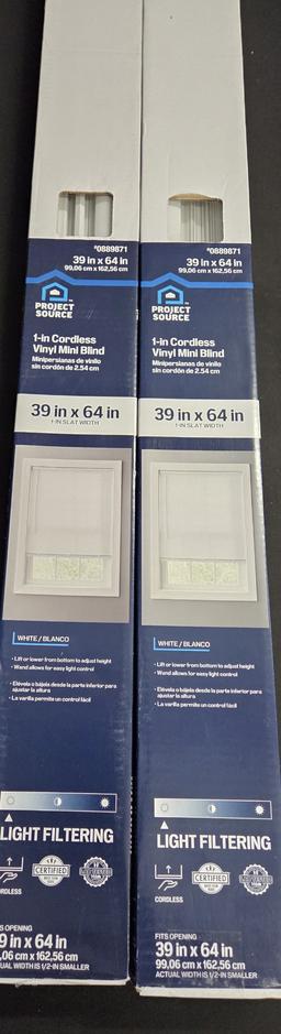Lot of 2 Project Source 1 Inch Cordless Vinyl Mini Blinds 39x64